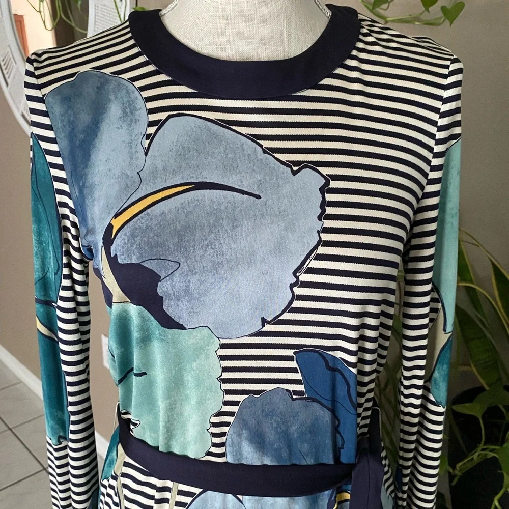 Tory Burch Silk LKNW Dress Long Sleeve Striped Floral Print Large Belted